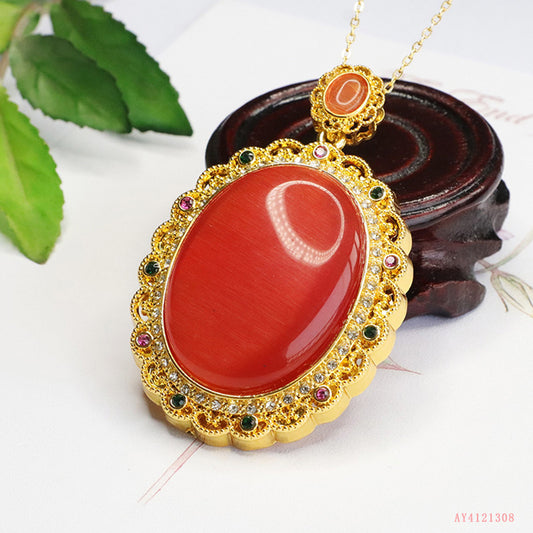 Ai Yu European and American Jewelry Red Glass Cat's Eye Pendant Pigeon Egg Necklace